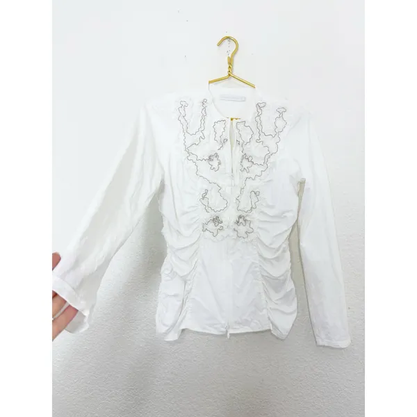 Anne Fontaine White Pima Cotton Ruffle Zip Up Night Top Size 42 - Image 10
