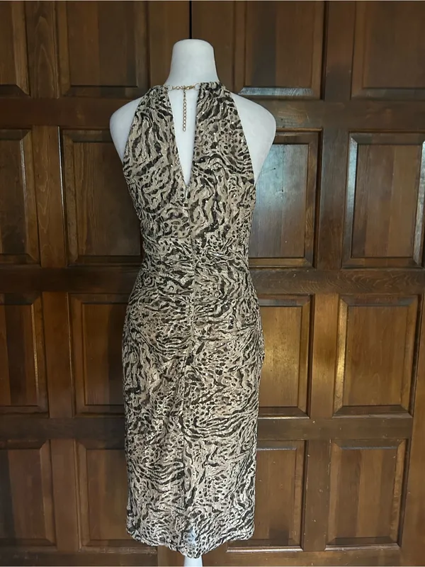 Xscape Size 6 Zebra Print Sequin‎ Halter Bodycon Cocktail Dress Gold Choker - Image 4