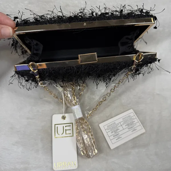 Urban Expressions Black Fringed Eyelash Clutch Gold Chain Crossbody Bag NEW - Image 5