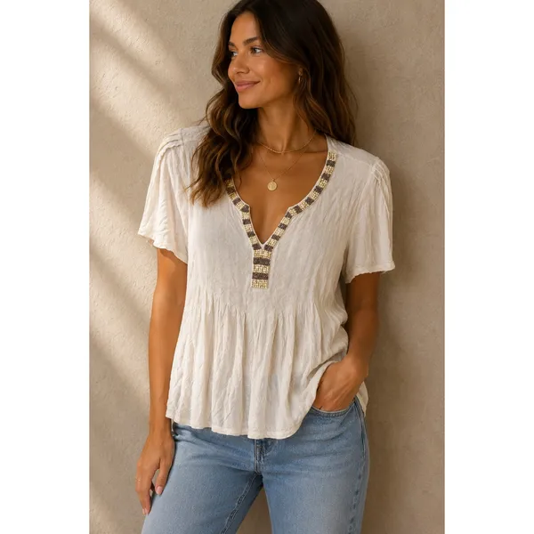 Sundance Womens Top Size S Cream Beaded V-Neck Babydoll Linen Blend Short Sleeve - Image 3