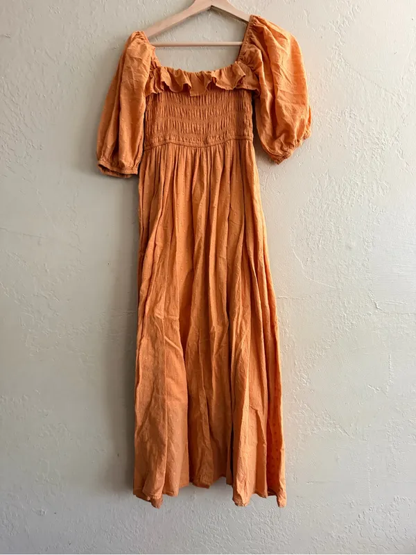 Smocked Square-Neck Maxi Dress with Puff Sleeves in Orange - Image 2