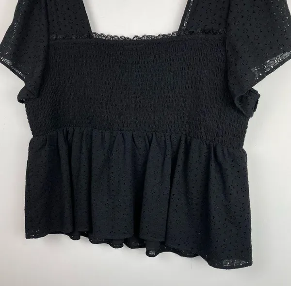 Torrid Sz 3X Black Square Neck Smocked Eyelet Peplum Top Short Sleeve - Image 9
