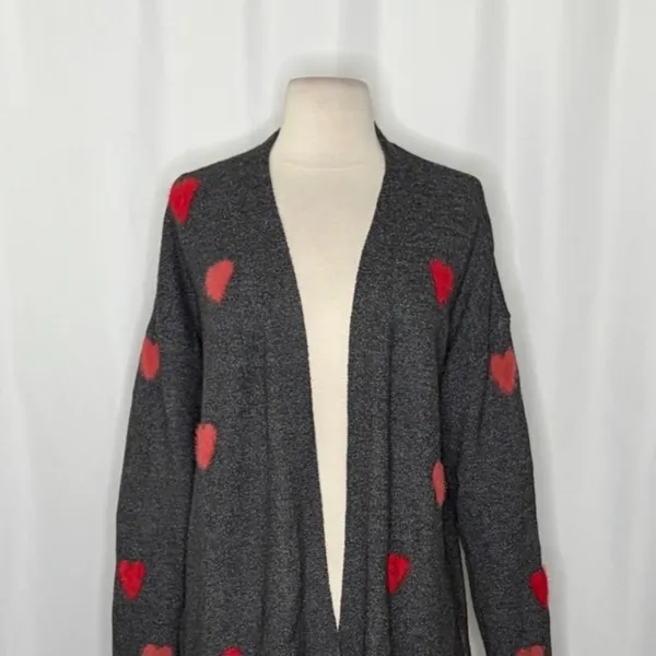 NWT!! CELEBRATE‎ TOGETHER Heart Cardigan Sweater Grey Pink Red Hearts Large - Image 3