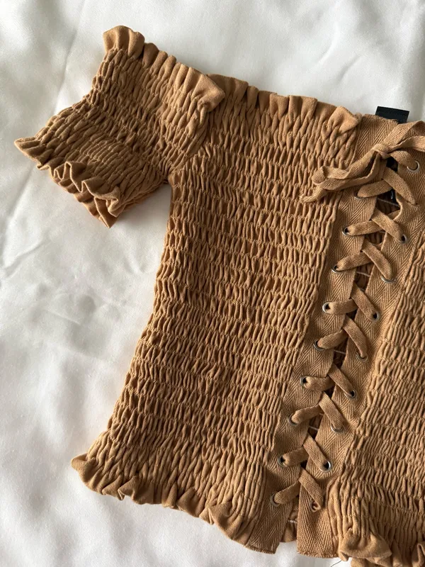 Camel Brown Off-Shoulder Lace-Up Crop Top - Image 3