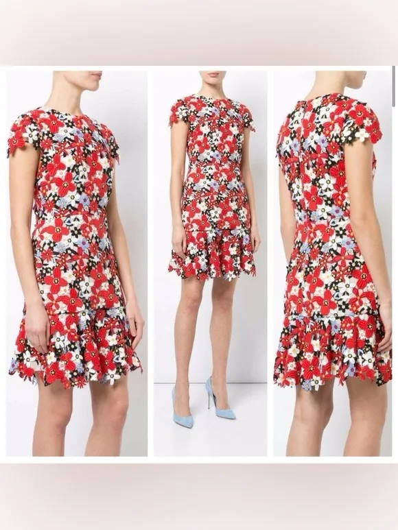 Alice + Olivia Imani Red Fit Flare Guipure Lace Overlay Floral Mini Dress Red 2 - Image 2