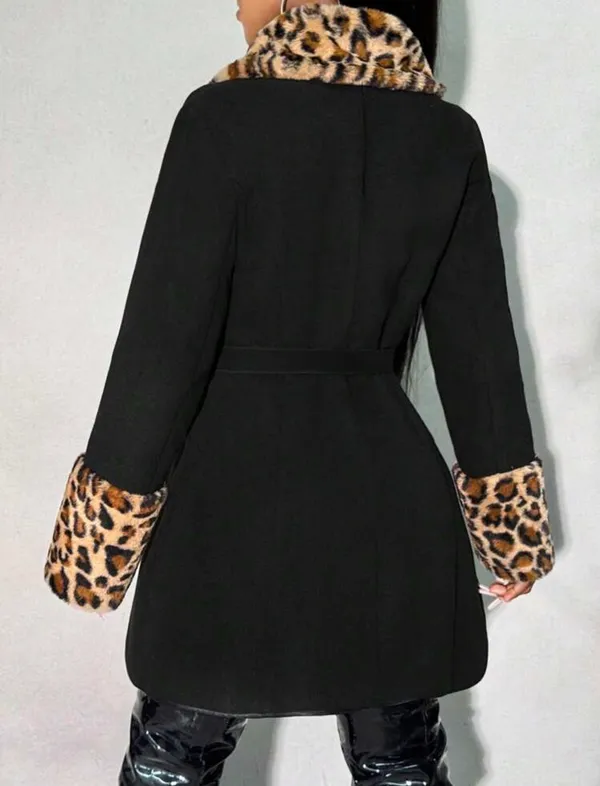 Black Women's Trench Coat with Leopard Faux-Fur Trim - Image 2