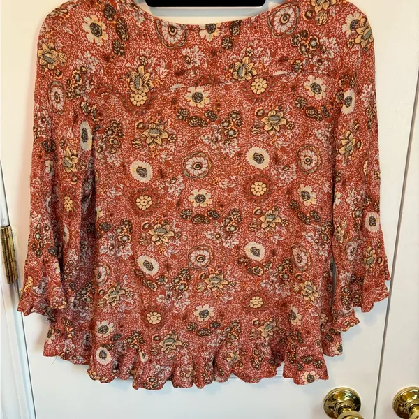 Nicole Miller Floral Boho Blouse Rust Orange Ruffle Hem 3/4 Sleeve Large - Image 5