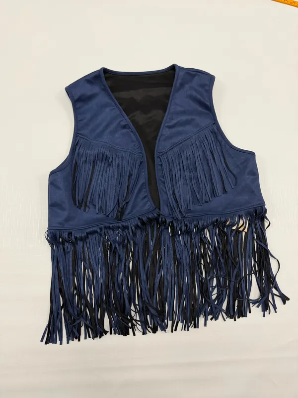 Wdirara Women Blue Faux Suede Fringe Vest Western Boho Cropped Open Front size L - Image 2