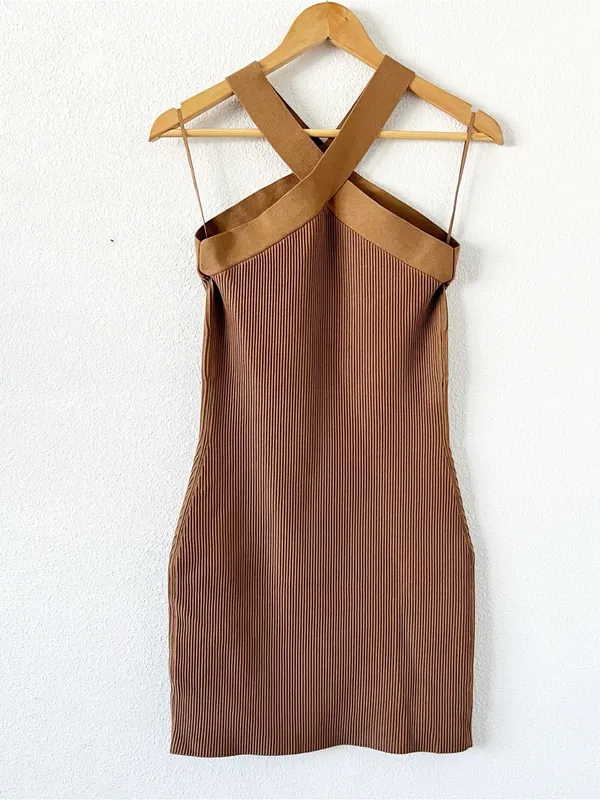 Aritzia Babaton Sculpt Knit Criss Cross Tan Ribbed Bodycon Mini Dress - Image 2