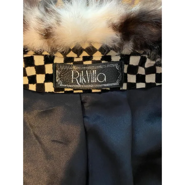 Rik Villa XS 2 Jacket Coat Checkerboard Black White Fur Collar Check Plaid Artsy - Image 7