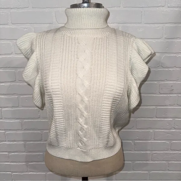 Elegant Off-White/Ivory Cable Knit Ruffle Sleeve Turtleneck Sweater - Image 11