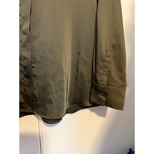 A New Day Olive Green Satin Long Sleeve Button Down Blouse Large L - Image 8