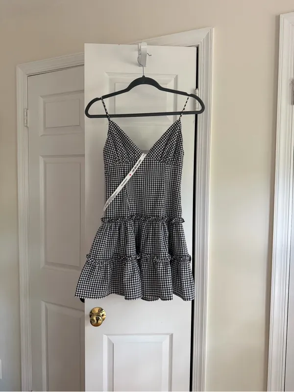Lucy in the Sky Black White Gingham Tiered Mini Dress Size Small - Image 7