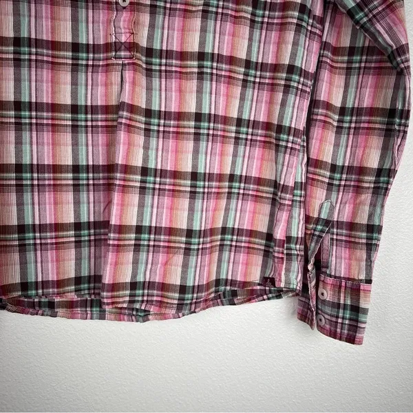 Prana Womens XS Plaid Henley‎ Pullover Long Sleeve Roll Tab Shirt Pink Brown - Image 4