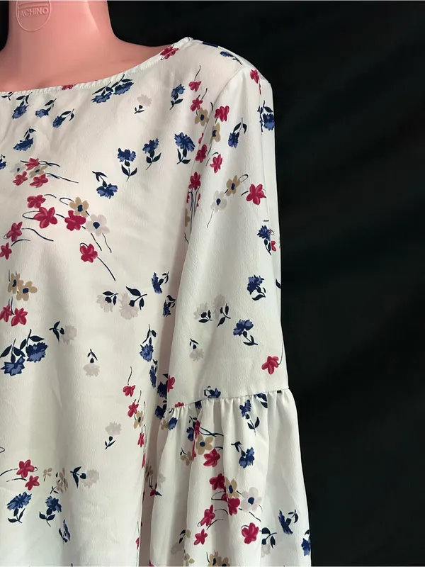Ann Taylor White Floral Bell-Sleeve Blouse Red, Navy & Tan Print LG - Image 2