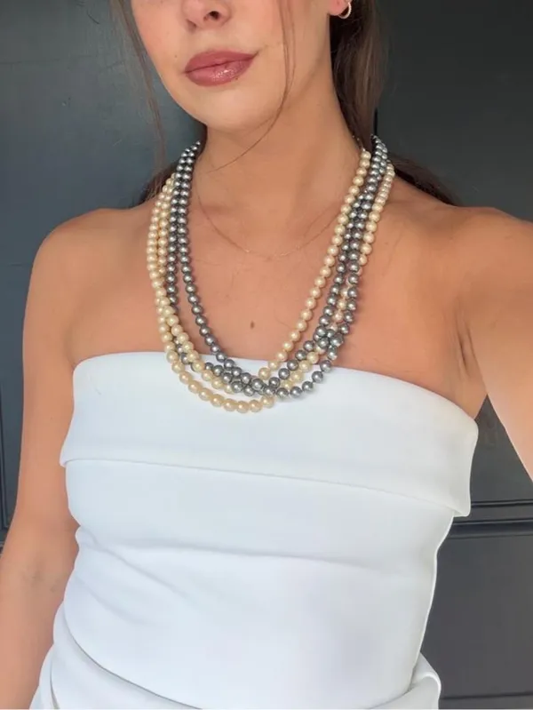 Monet Vintage Double Strand Faux Pearl Necklace White Grey Rhinestone #classy #Avantgarde #timeless - Image 3