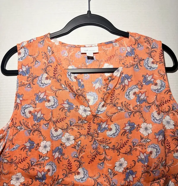 J.Jill Love Linen Tank Top Size M Orange Floral Sleeveless Blouse - Image 2
