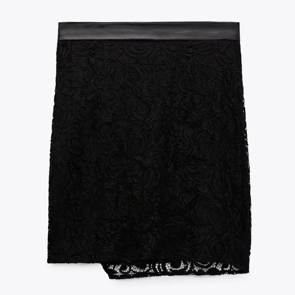 Zara LACE MINI High Waist Skirt Side Ruching Asymmetric Hem Faux Leather Waist - Image 5