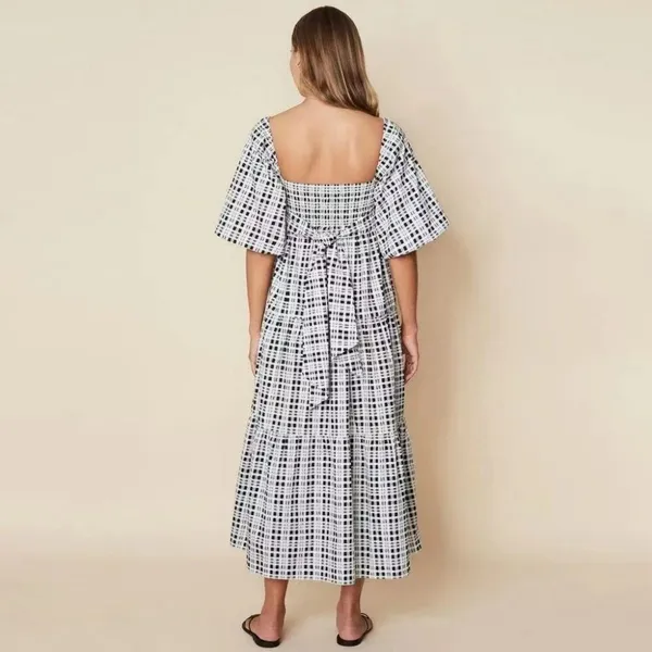 Faithfull the Brand Kiona Checker Print Puff Sleeve Midi Dress Black White M NWT - Image 5