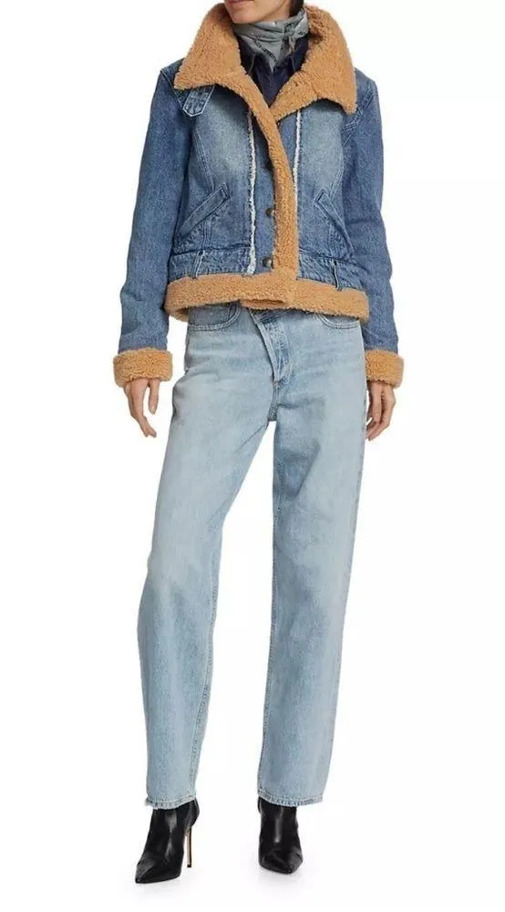 Free People Rylee Denim Jacket Faux Shearling Lined – Med Wash – Size Large NWT - Image 6