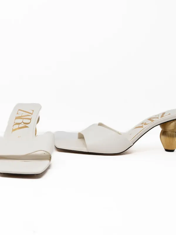 Zara White Women's Open-Toe Heeled Sandals with Sculpted Gold Heel - Image 2