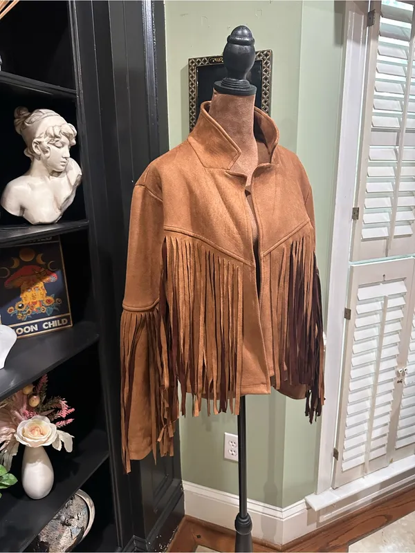 Chartou Brown Faux Suede Fringe Jacket Size Large - Image 3