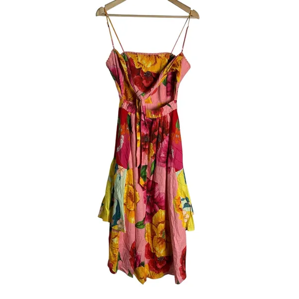 Farm Rio Chita Pink Floral Print Square Neck Tie Back Linen Midi Dress Size XS - Image 14