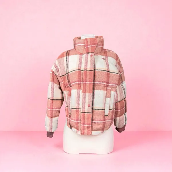Levi's Plaid Coat Jacket M Quilted‎ Pink White Cabincore Flannel Winter Trucker - Image 2