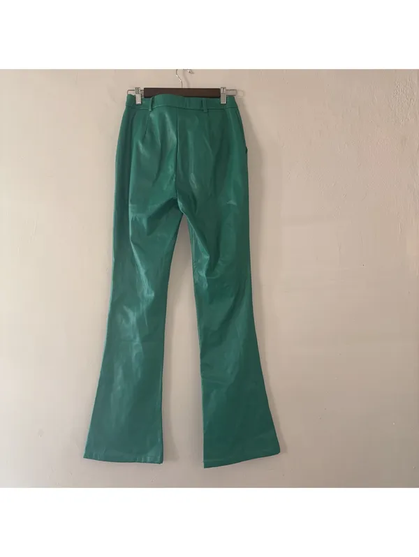 Pretty Garbage Green Faux Leather Flare Pants - Size Small - Image 2