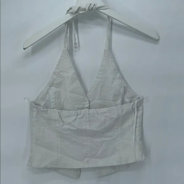 Bershka Linen Blend Halter Crop Top Button Front White Size M - Image 5