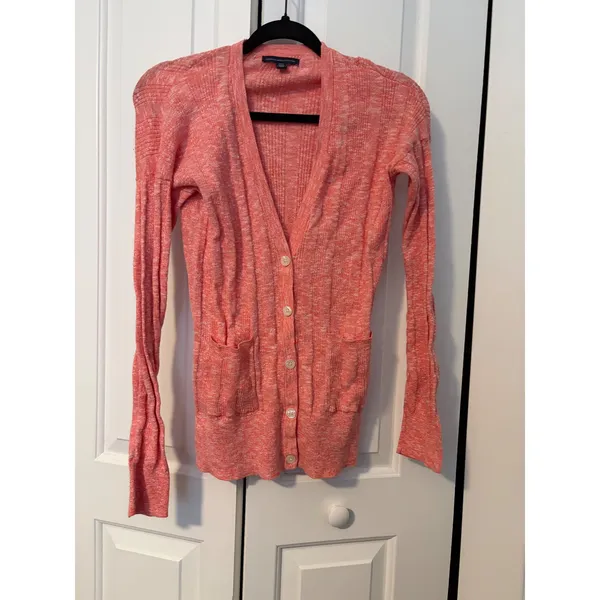 American Eagle Womens Coral Marl Ribbed‎ Button Front Cardigan Size M - Image 2