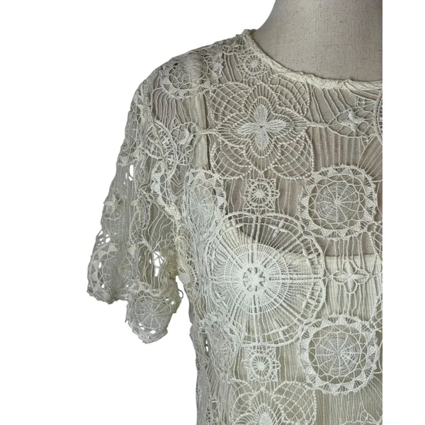 Ralph Lauren Crochet Lace Dress Women Medium Ivory Short Sleeve Shift Mini Retro - Image 6