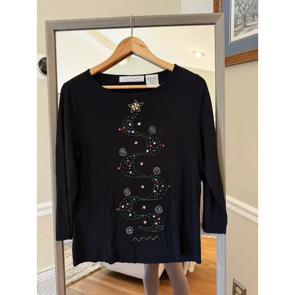 Lucia Burns - Black Tree Star Holiday Christmas‎ Beaded Rayon Knit TOP Size XL - Image 2
