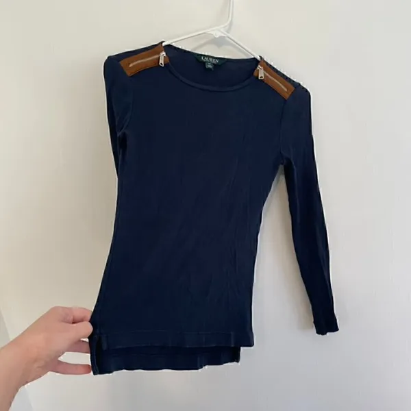 LAUREN RALPH LAUREN LRL Gacy Zip Shoulder Crew Navy Blue Long Sleeve Cotton Top - Image 10