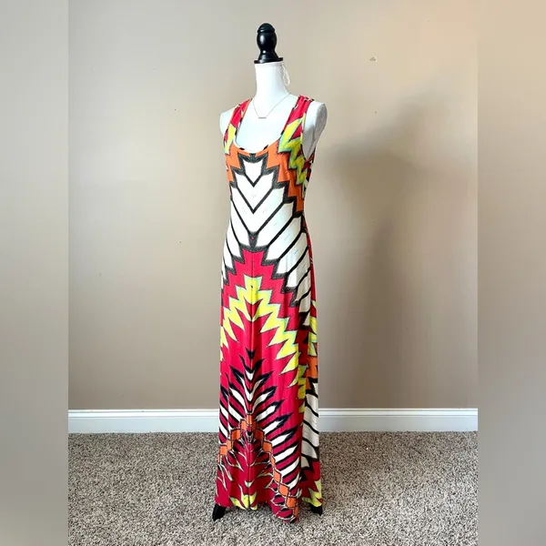 BEIGE BY ECI | Red Graphic Print Sleeveless Maxi Dress Sz M - Image 4