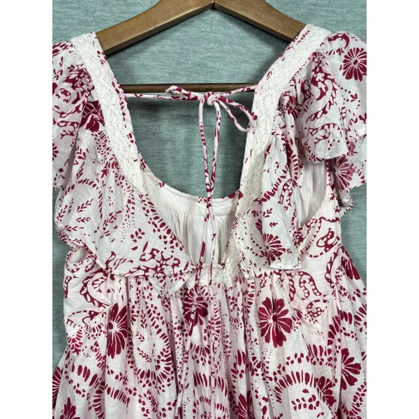 Maeve Anthropologie Dress S Red Floral Babydoll Mini Flutter Sleeve Lace Cottage - Image 6
