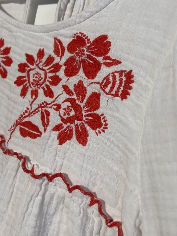 Old Navy Embroidered Crinkle Gauze Boho Peasant Top Orange Floral Scallop XL - Image 6