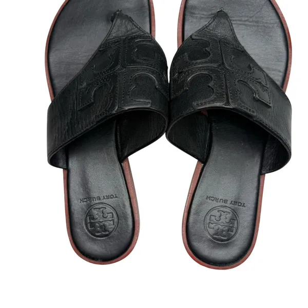 Tory Burch Jamie Size 6.5 Full Logo Thong Sandals‎ Black Leather S/N 48275 - Image 10