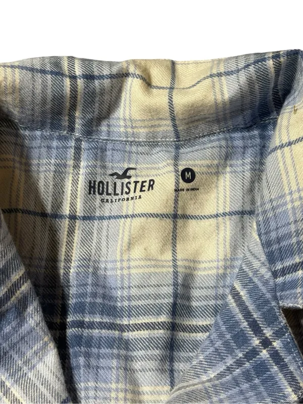 Hollister Plaid Cropped Button Up Shirt Medium M Blue Cream Boxy Short Sleeve - Image 2