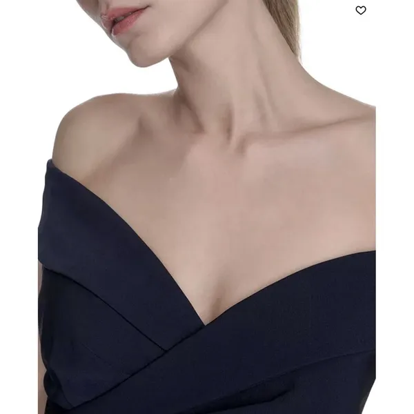 Eliza J Pleated Off Shoulder Gown Dress Size 4 $218 Navy Blue Crepe - Image 3