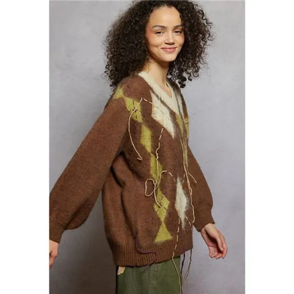 POL V-Neck Argyle Pattern Mohair Sweater with‎ Contrast Exposed Stitch Detail - Image 4
