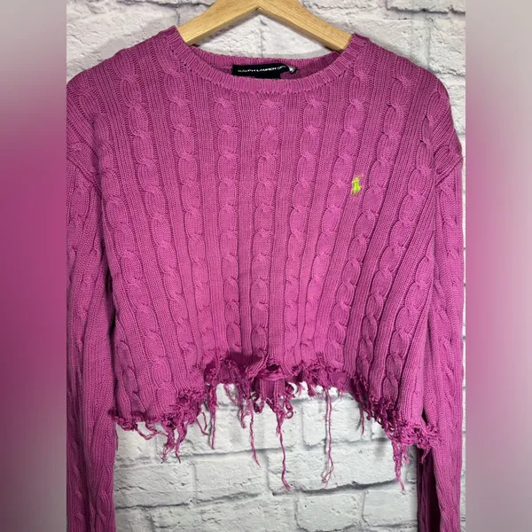 Ralph Lauren Sport Hand distressed &‎ cropped pink/purple sweater size large - Image 4