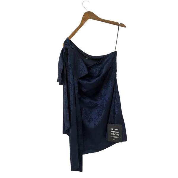 Lulus Jayda Navy Satin Jacquard One-Shoulder Sash Mini Dress size L NWT - Image 2