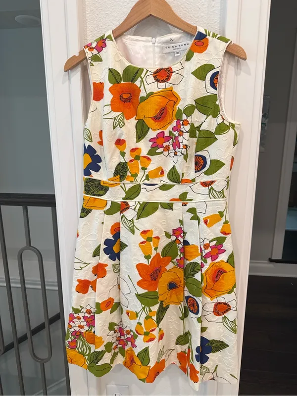 Trina Turk Floral Jacquard Fit Flare Dress Cotton Size 10 Garden Party - Image 2