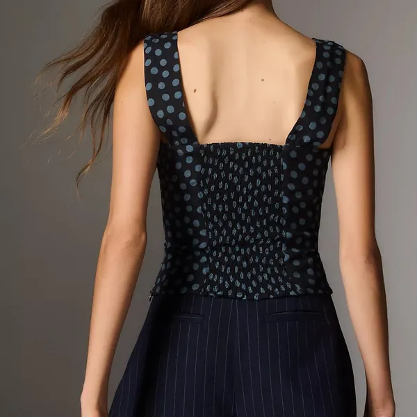 Reformation | Hester Polka Dot Draped Tank Top in Blue | Size 6 - Image 2