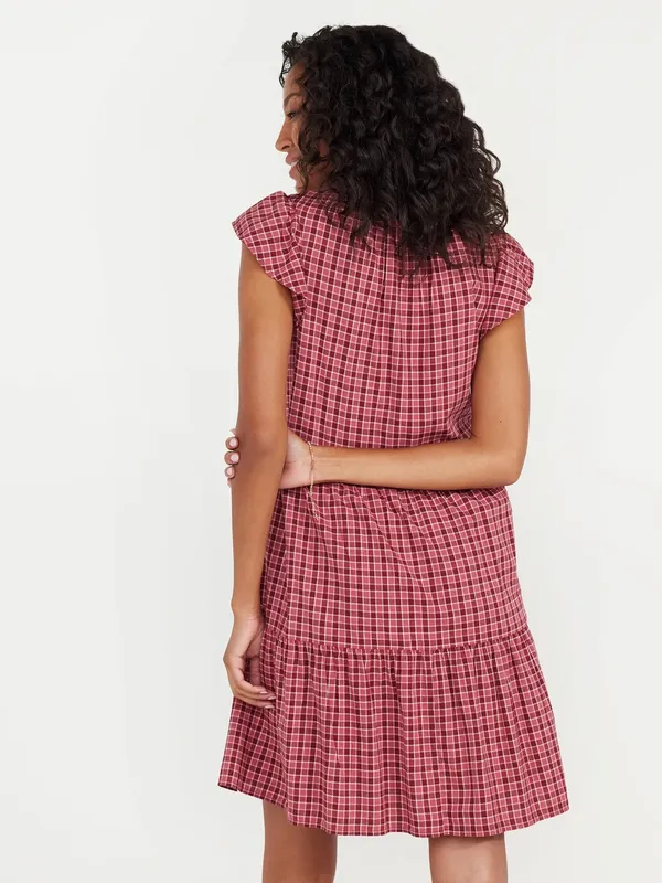 {TIME and TRU} Red Plaid Flutter Sleeve Tiered Prairie Mini Dress - Image 2