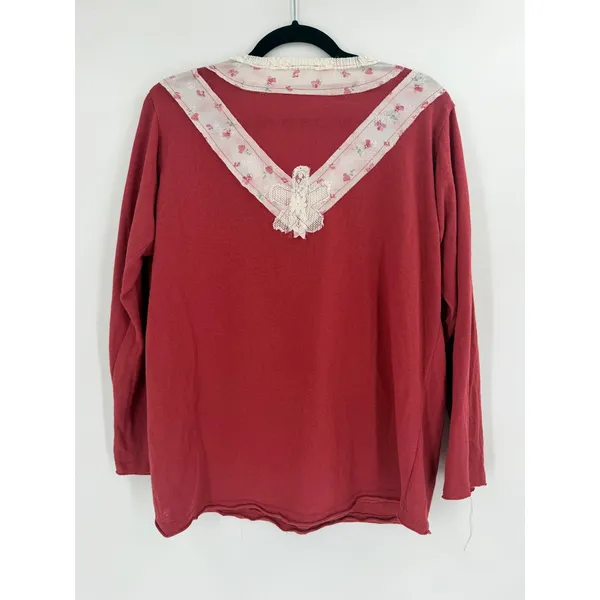 POL V-Neck Cotton Flower Patch Top Women Small Brick Red Lace Boho Cottagecore - Image 6