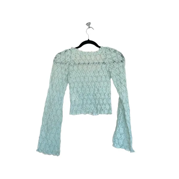 Free People NEW FP One Madison Top Smocked Lace Sheer Hook-Front Bell Sleeve - Image 7