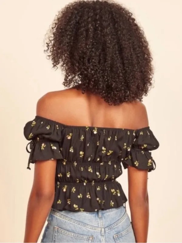 Reformation Solis Briar Black Floral Off the Shoulder Milkmaid Boho Top Small - Image 9