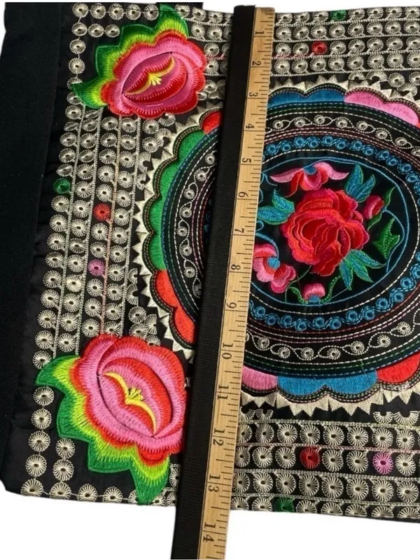Guatemalan Embroidered Boho Floral Tote Bag Black Canvas Coin Trim - Image 11